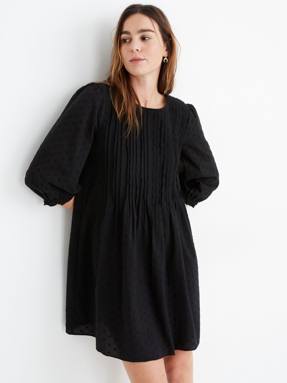 Madewell Black Embroidered Pintuck Mini Dress with Puff Sleeves